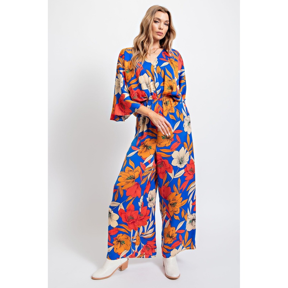 Easel Floral Mirabelle Satin Romper Blue Orange Wide Leg Jumpsuit  NEW M‎
